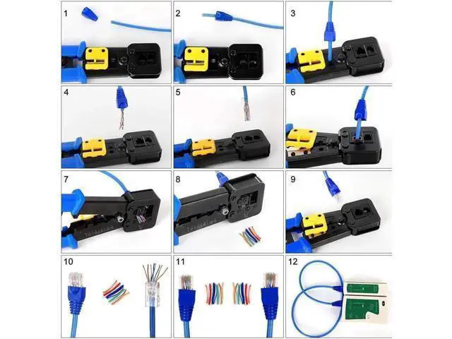 Alt view image 9 of 12 - J45 Crimp Tool Kit Pass Thru Cat5 Cat5e Cat6 RJ45 Crimping Tool with 20PCS RJ45 Cat6 Pass Through Connectors, 20PCS Covers, 1 Network Cable Tester,1 Wire Punch Down Cutter and 1 Mini Screwdriver