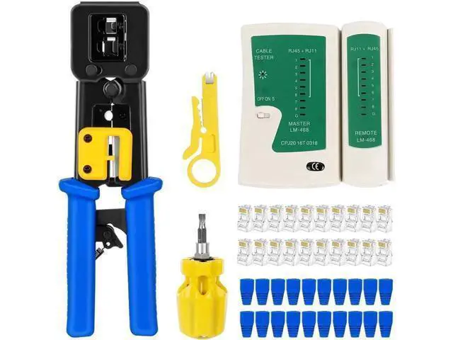Alt view image 7 of 12 - Aomoproing RJ45 Crimp Tool Kit Pass Thru Cat5 Cat6 RJ45 Crimping Tool with 20PCS RJ45 Cat6 Pass Through Connectors, 20PCS Covers, 1 Network Cable Tester,1 Wire Punch Down Cutter and 1 Mini Screwdriver