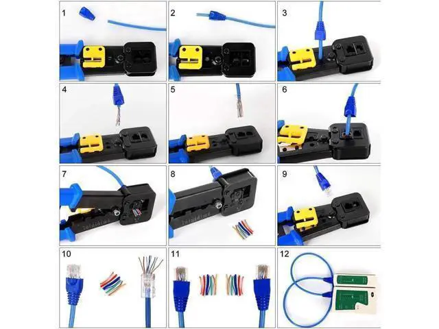 Alt view image 10 of 12 - Aomoproing RJ45 Crimp Tool Kit Pass Thru Cat5 Cat6 RJ45 Crimping Tool with 20PCS RJ45 Cat6 Pass Through Connectors, 20PCS Covers, 1 Network Cable Tester,1 Wire Punch Down Cutter and 1 Mini Screwdriver