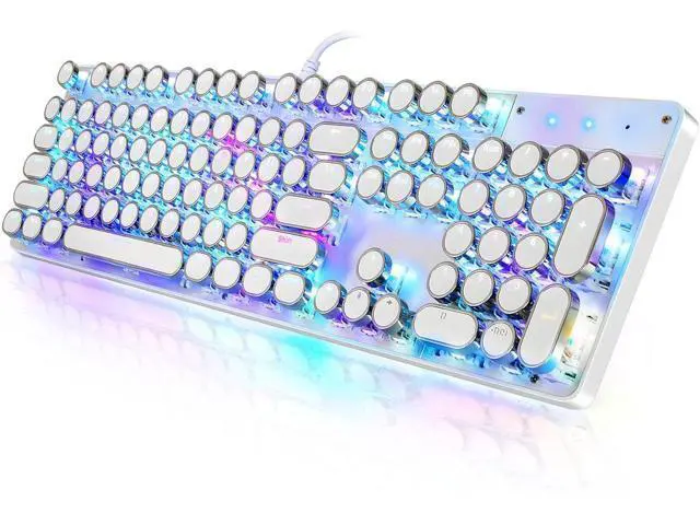 Alt view image 8 of 14 - Typewriter Style Mechanical Gaming Keyboard RGB Backlit Wired with Blue Switch Retro Round Keycap 104 Keys Keyboard (White 104 Keys RGB)