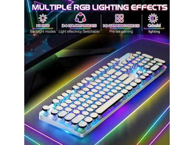 Alt view image 9 of 14 - Typewriter Style Mechanical Gaming Keyboard RGB Backlit Wired with Blue Switch Retro Round Keycap 104 Keys Keyboard (White 104 Keys RGB)