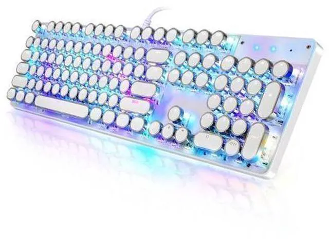 Alt view image 8 of 14 - TROCHIN Typewriter Style Mechanical Gaming Keyboard RGB Backlit Wired with Blue Switch Retro Round Keycap 104 Keys Keyboard (White104 keys RGB)