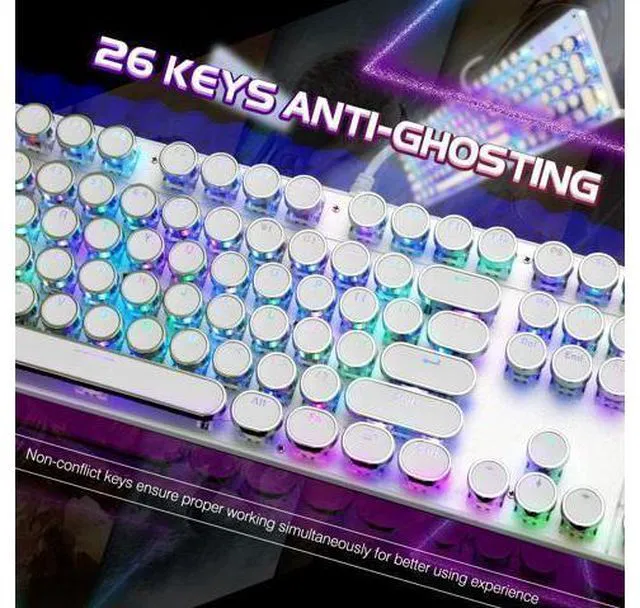 Alt view image 10 of 14 - TROCHIN Typewriter Style Mechanical Gaming Keyboard RGB Backlit Wired with Blue Switch Retro Round Keycap 104 Keys Keyboard (White104 keys RGB)