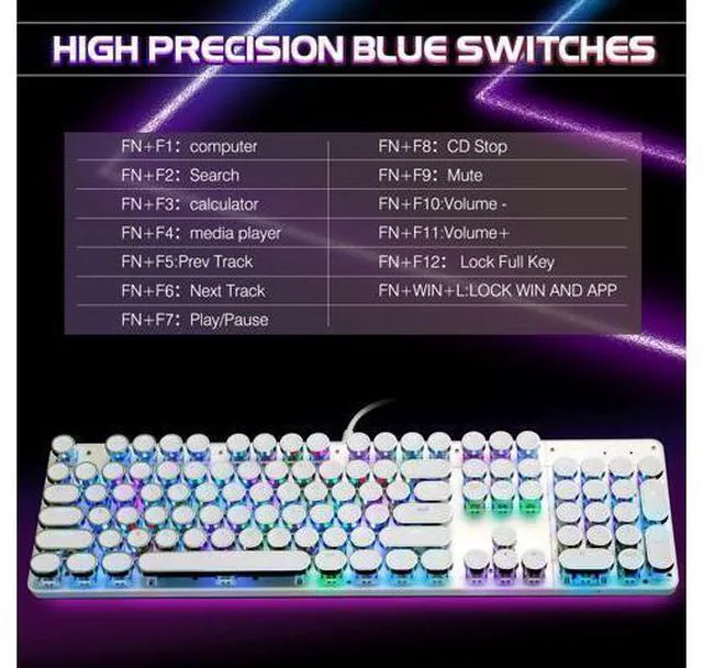 Alt view image 11 of 14 - TROCHIN Typewriter Style Mechanical Gaming Keyboard RGB Backlit Wired with Blue Switch Retro Round Keycap 104 Keys Keyboard (White104 keys RGB)