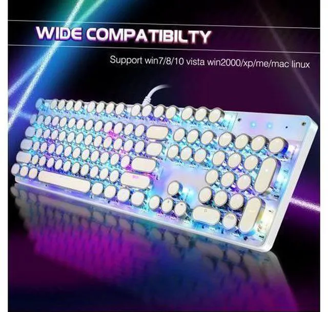 Alt view image 12 of 14 - TROCHIN Typewriter Style Mechanical Gaming Keyboard RGB Backlit Wired with Blue Switch Retro Round Keycap 104 Keys Keyboard (White104 keys RGB)