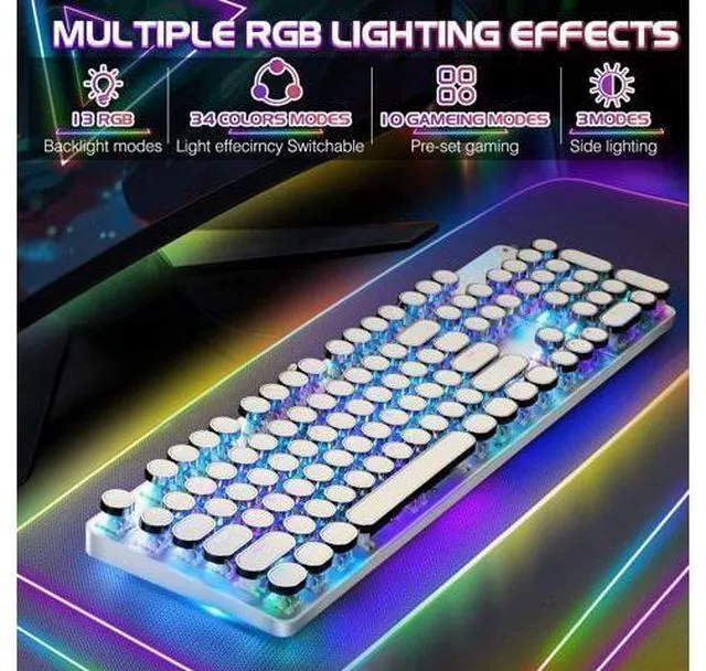 Alt view image 14 of 14 - TROCHIN Typewriter Style Mechanical Gaming Keyboard RGB Backlit Wired with Blue Switch Retro Round Keycap 104 Keys Keyboard (White104 keys RGB)