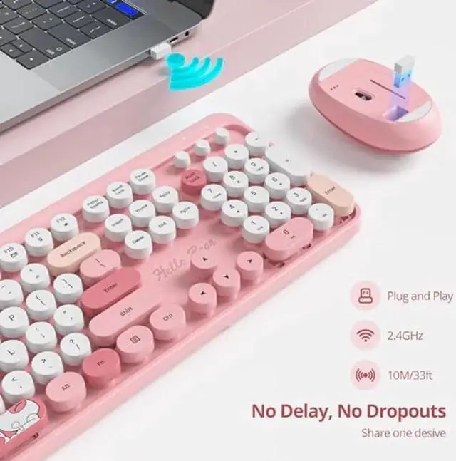 Alt view image 7 of 10 - GTSP Pink Typewriter Keyboard Wireless Mouse Combo, Cute Keyboard 2.4G Office Full-Sized Retro Keyboard with Round Keycaps for Laptop PC Desktops(Pink)