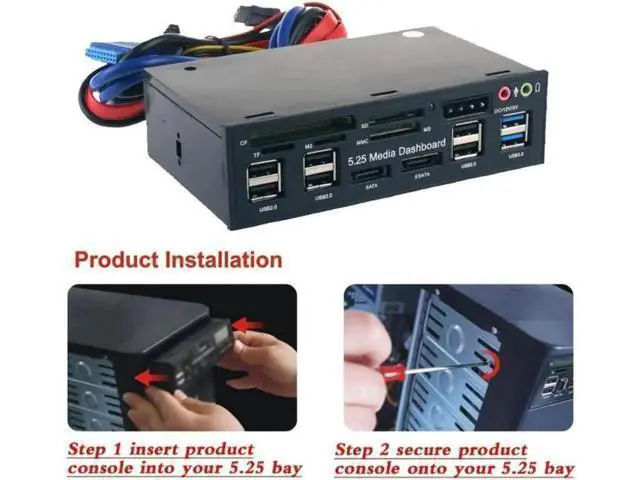 Alt view image 11 of 12 - Multi-Function USB 3.0 Hub eSATA SATA Port Internal Card Reader PC Dashboard Media Front Panel Audio for SD MS CF TF M2 MMC Memory Cards Fits 5.25" Bay