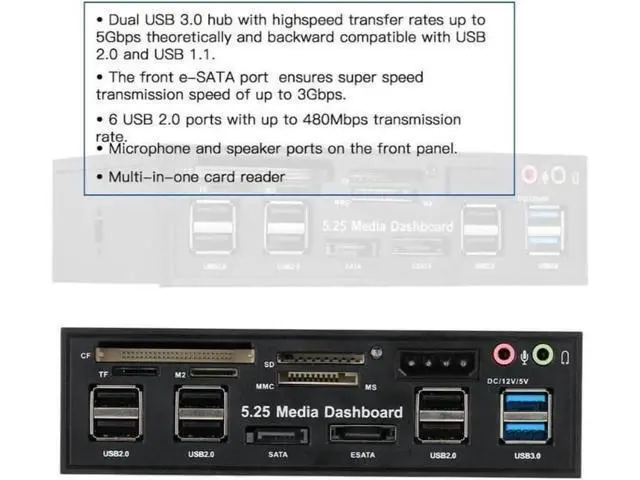 Alt view image 12 of 12 - Multi-Function USB 3.0 Hub eSATA SATA Port Internal Card Reader PC Dashboard Media Front Panel Audio for SD MS CF TF M2 MMC Memory Cards Fits 5.25" Bay