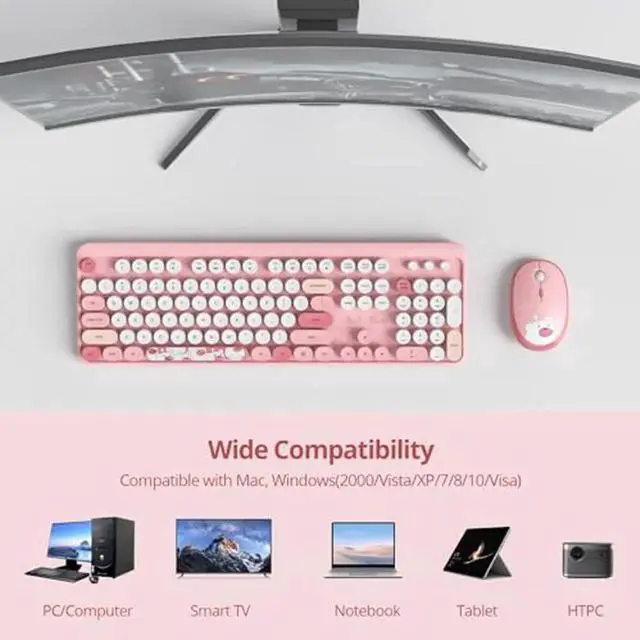 Alt view image 9 of 10 - GTSP Pink Typewriter Keyboard Wireless Mouse Combo, Cute Keyboard 2.4G Office Full-Sized Retro Keyboard with Round Keycaps for Laptop PC Desktops(Pink)