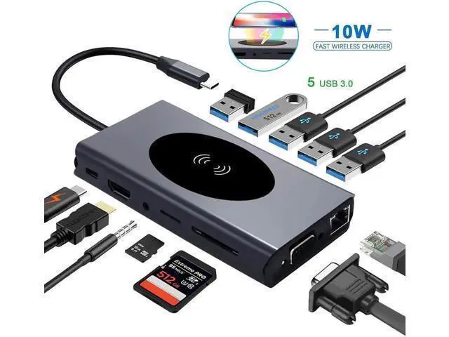 Alt view image 8 of 14 - USB C Hub Multiport Adapter, 13 in 1 Type C Docking Station with Ethernet/Wireless Charge/4K HDMI Output/USB 3.0 Ports/60W PD/SD TF Card Reader for MacBook Pro