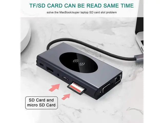 Alt view image 14 of 14 - USB C Hub Multiport Adapter, 13 in 1 Type C Docking Station with Ethernet/Wireless Charge/4K HDMI Output/USB 3.0 Ports/60W PD/SD TF Card Reader for MacBook Pro