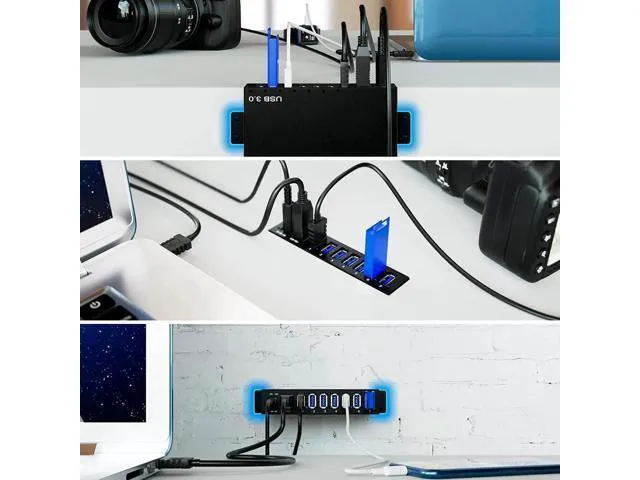 Alt view image 14 of 14 - 7 Ports USB Hub 3.0 Powered USB Hub Spllitter - High-Speed Data Transfer - Aluminium Alloy, with Power Adapter 12V/3A/36W, HDD, USB Flash Drive, Laptop, Mouse, Console