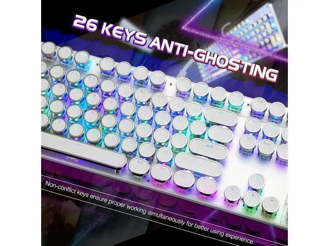 Alt view image 11 of 14 - Typewriter Style Mechanical Gaming Keyboard RGB Backlit Wired with Blue Switch Retro Round Keycap 104 Keys Keyboard (White 104 Keys RGB)