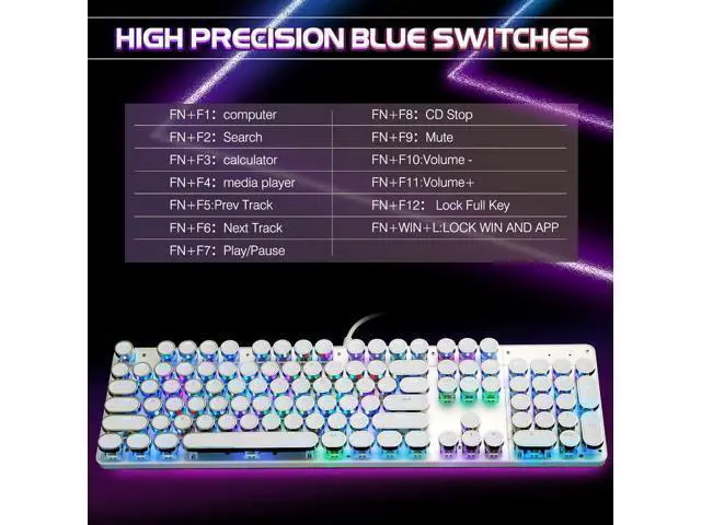 Alt view image 12 of 14 - Typewriter Style Mechanical Gaming Keyboard RGB Backlit Wired with Blue Switch Retro Round Keycap 104 Keys Keyboard (White 104 Keys RGB)