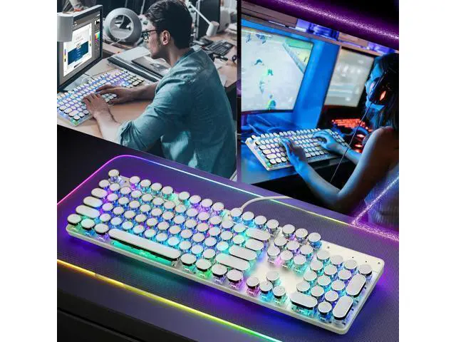 Alt view image 14 of 14 - Typewriter Style Mechanical Gaming Keyboard RGB Backlit Wired with Blue Switch Retro Round Keycap 104 Keys Keyboard (White 104 Keys RGB)