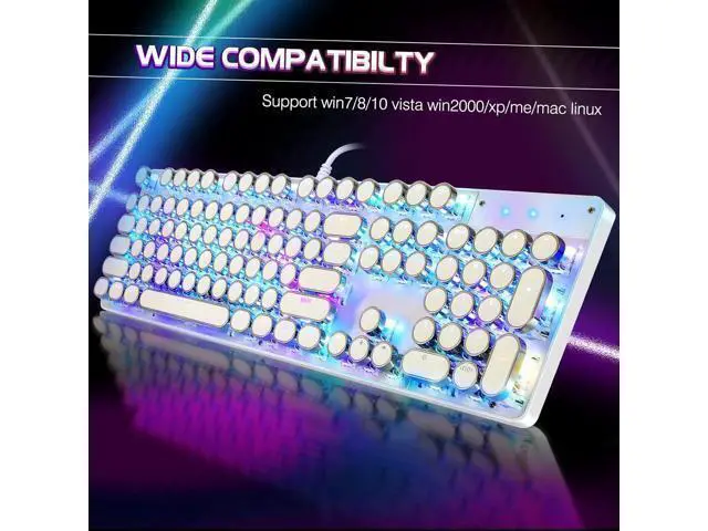 Alt view image 13 of 14 - Typewriter Style Mechanical Gaming Keyboard RGB Backlit Wired with Blue Switch Retro Round Keycap 104 Keys Keyboard (White 104 Keys RGB)