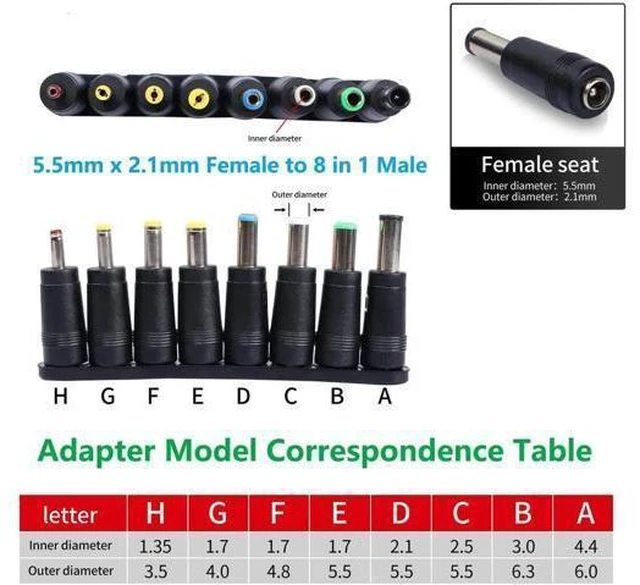 Alt view image 9 of 14 - Laptop DC Power Adapter 8-in-1 Universal DC Plug 5.5mm x 2.1mm Female to Male Adapter Connector with DC 5.5 x2.1mm Black Tuning Fork Cable 22cm/8.67 inch