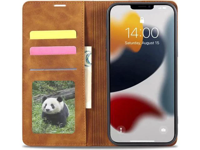 Alt view image 10 of 14 - Case for iPhone 14 Plus 6.7 inch Premium PU Leather Cover with Card Holder Kickstand Shockproof Flip Wallet Cover Brown