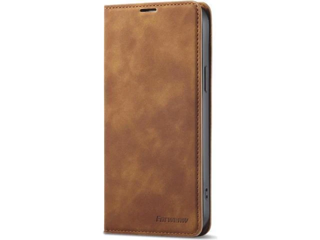 Alt view image 14 of 14 - Case for iPhone 14 Plus 6.7 inch Premium PU Leather Cover with Card Holder Kickstand Shockproof Flip Wallet Cover Brown
