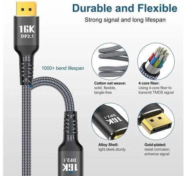 Alt view image 9 of 12 - AOMOPROING 16K Displayport to Display Port 2.1 6.6FT, 40Gbps Display Cord, 4K Video Monitor Cable Support 8K@120Hz 4K@240Hz HDR/eARC/FreeSync/G-Sync Connecting PC/Computer/Gaming/Graphics Card