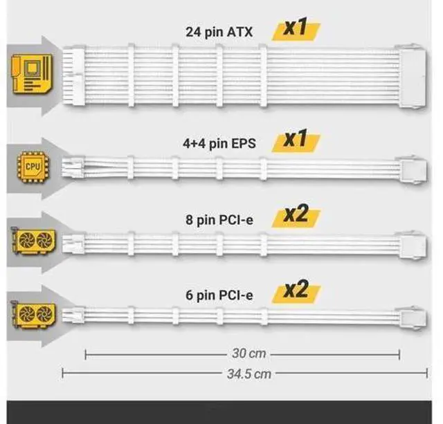 Alt view image 12 of 14 - PSU Cables, Sleeved Cable Extension Kit /24pin ATX /4+4pin EPS /8-pin PCI-E /6pin PCI-E PSU Extension Cable Kit 30cm Length with Combs, White ConnectorWhite