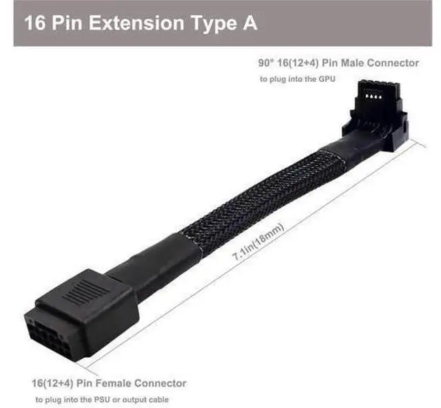 Alt view image 10 of 10 - Aomoproing 12VHPWR Cable, 16 Pin GPU PCIe 5.0 Female to Male Extension 90 Degree Angle 16AWG 600W Sleeved Adapter for 12+4pin RTX 4090 4080 4070Ti 3090Ti Graphic Card 7.1-inch (Type A)