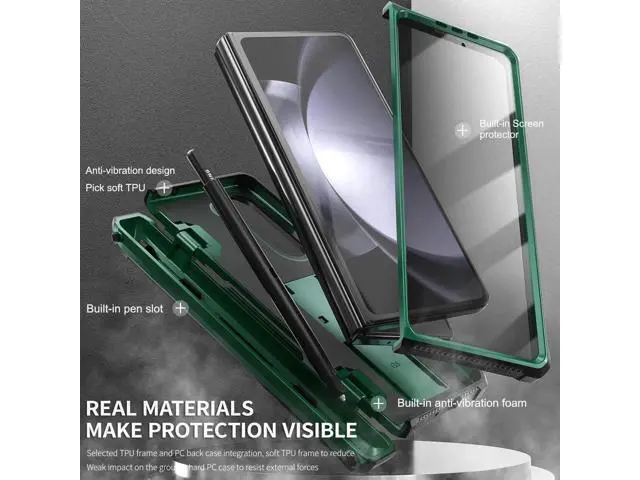 Alt view image 9 of 14 - Case for Samsung Galaxy Z Fold 5 5G 2023, Military-Grade Full-Body Shockproof Phone Cover Rugged Bumper Case with Built-in Screen Protector & Kickstand & S Pen Slot Dark Green