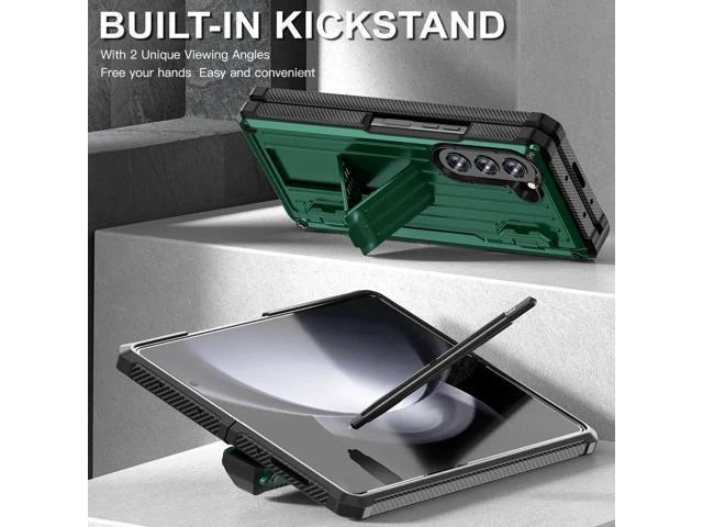 Alt view image 13 of 14 - Case for Samsung Galaxy Z Fold 5 5G 2023, Military-Grade Full-Body Shockproof Phone Cover Rugged Bumper Case with Built-in Screen Protector & Kickstand & S Pen Slot Dark Green