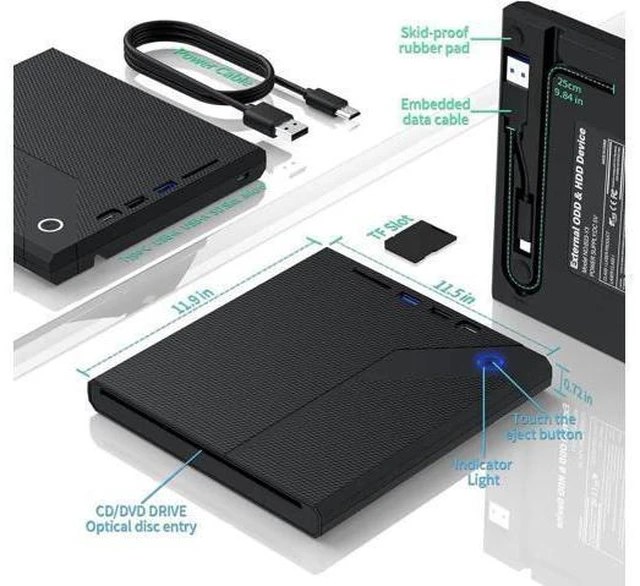Alt view image 2 of 2 - 5 in 1 External CD/DVD Drive for Laptop, Slot in CD ROM Burner Drive, USB 3.0 Type C DVD Player Mute Portable CD/DVD Burner Writer External Disk Optical Drive Compatible with Windows, Linux, MacOS