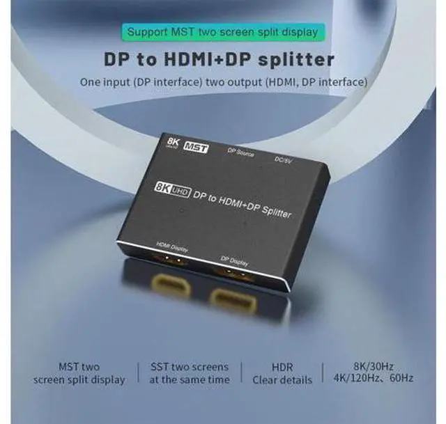 Alt view image 9 of 14 - 8K DP Splitter Displayport to HDMI-compatible + DP dual port Splitter MST SST 8K@30Hz 4K@120Hz For Laptop PC To TV Projector
