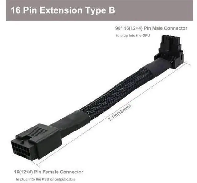 Alt view image 10 of 10 - Aomoproing 12VHPWR Cable, 16 Pin GPU PCIe 5.0 Female to Male Extension 90 Degree Angle 16AWG 600W Sleeved Adapter for 12+4pin RTX 4090 4080 4070Ti 3090Ti Graphic Card 7.1-inch (Type B)