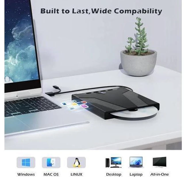 Alt view image 10 of 14 - 8 in 1 External CD/DVD Drive for Laptops, Slot-Loading Portable CD Reader for Laptop, CDs Drive External USB 3.0 & Type C CD DVD Drive Externals CD Burner Compatible with PC Windows Linux MacOS