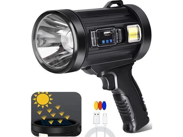 Alt view image 8 of 14 - 100000 Lumen Spotlight, Led Rechargeable Spotlight Flashlight with Tripod, 6 Modes and 3 Colors Filter, Super Bright Solar Spot Lights Outdoor Handheld for Hunting, Boating, Camping