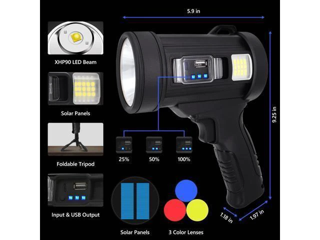 Alt view image 10 of 14 - 100000 Lumen Spotlight, Led Rechargeable Spotlight Flashlight with Tripod, 6 Modes and 3 Colors Filter, Super Bright Solar Spot Lights Outdoor Handheld for Hunting, Boating, Camping