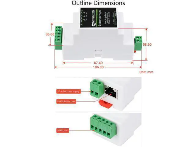 Alt view image 14 of 14 - waveshare Ethernet Industrial Serial Server RS485 to RJ45 Ethernet Module, TCP/IP to Serial, Support Rail-Mount/Modbus Gateway, TCP Server/TCP Client/UDP Mode/UDP Multicast Multi Communication Modes