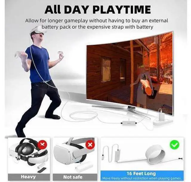 Alt view image 14 of 14 - Aomoproing Design 16FT Link Cable for Oculus Quest 2, with Separate Charging Port for Ultra-Durable Power, USB 3.0 Type A to C Cable for VR Headset Accessories and Gaming PC White