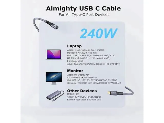 Alt view image 10 of 14 - Aomoproing Long USB C Cable 3.2 Gen-2 240W Charging Extension 3m 10ft Thunderbolt 3 Male to Female Data Transfer 20Gbps 48V/5A Type-C Video 4K Compatible with MacBook M1/M2/M3