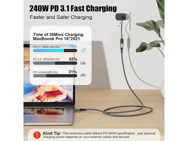 Alt view image 11 of 14 - Aomoproing Long USB C Cable 3.2 Gen-2 240W Charging Extension 3m 10ft Thunderbolt 3 Male to Female Data Transfer 20Gbps 48V/5A Type-C Video 4K Compatible with MacBook M1/M2/M3