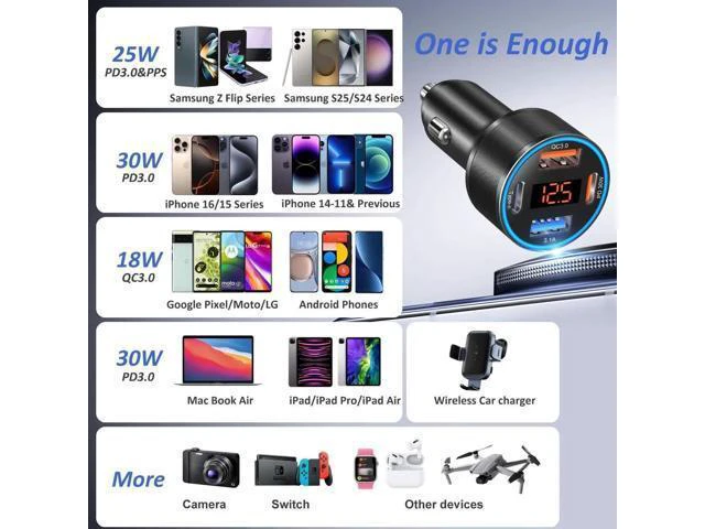 Alt view image 10 of 14 - 3 Pack USB C Car Charger, 4-Port 65W Dual 12V USB-A & USBC Cigarette Lighter Adapter Plug with Voltmeter PD/QC 3.0 Fast Charging Car Phone Charger for iPhone 16e 15 14 13 12 11 Pro Max, Android