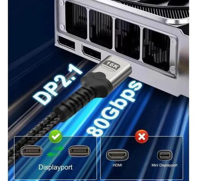 Alt view image 11 of 14 - 16K Displayport Cable Braided High Speed Display Port Male to DP Male 2.1 Cable 16K@60Hz 8K@120Hz 4K@240Hz 165Hz 144Hz Support 80Gbps HDR HDCP DSC for HDTV PC Gaming Monitor - 2M/6.6Ft