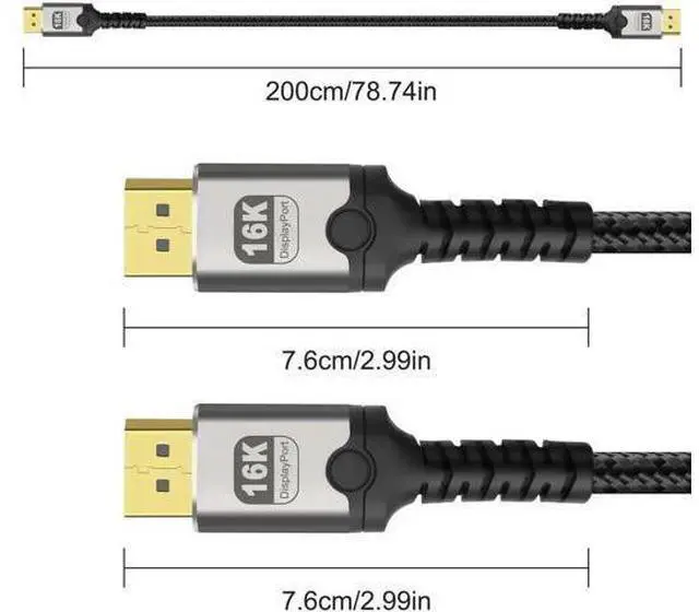 Alt view image 10 of 14 - 16K Displayport Cable Braided High Speed Display Port Male to DP Male 2.1 Cable 16K@60Hz 8K@120Hz 4K@240Hz 165Hz 144Hz Support 80Gbps HDR HDCP DSC for HDTV PC Gaming Monitor - 2M/6.6Ft