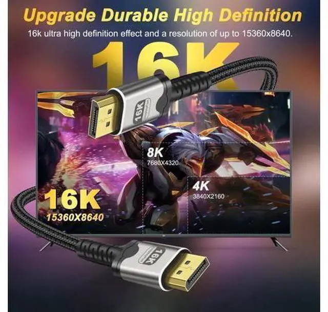 Alt view image 13 of 14 - 16K Displayport Cable Braided High Speed Display Port Male to DP Male 2.1 Cable 16K@60Hz 8K@120Hz 4K@240Hz 165Hz 144Hz Support 80Gbps HDR HDCP DSC for HDTV PC Gaming Monitor - 2M/6.6Ft