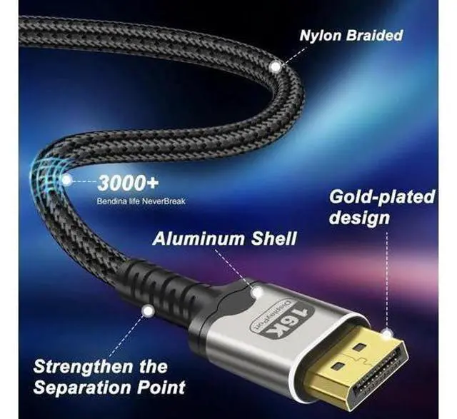 Alt view image 12 of 14 - 16K Displayport Cable Braided High Speed Display Port Male to DP Male 2.1 Cable 16K@60Hz 8K@120Hz 4K@240Hz 165Hz 144Hz Support 80Gbps HDR HDCP DSC for HDTV PC Gaming Monitor - 2M/6.6Ft