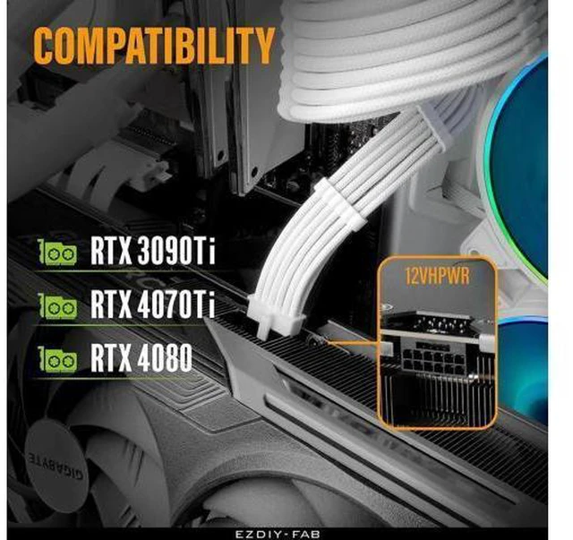 Alt view image 11 of 12 - Aomoproing GPU Power Sleeved Cable Extension, 16pin(12+4) 12VHPWR PCIe 5.0 Connector Male to 3X PCIE 8 PIN for RTX4070ti/ 4080/ 3090Ti, with Pre-installed Cable Combs-16AWG/Pure White