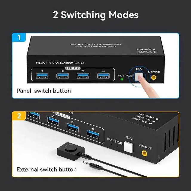 Alt view image 12 of 14 - 2 Port HDMI Dual Monitor KVM Switch 2 Monitors 2 Computers 4K@60Hz, USB 3.0 KVM Switches for 2 PC or Laptops Share 1 Set of Keyboard Mouse Printer and Scanner Support Extended & Duplicate Mode