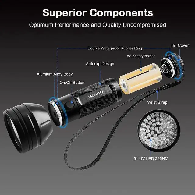 Alt view image 10 of 14 - Escolite UV Flashlight Black Light 51 LED 395 nM Ultraviolet Blacklight Detector for Dog Urine Pet Stains and Bed Bug