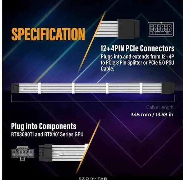 Alt view image 9 of 12 - Aomoproing GPU Power Sleeved Cable Extension, 16pin(12+4) 12VHPWR PCIe 5.0 Connector Male to Female for RTX 3090Ti 4070Ti 4080 4090, with Cable Combs-16AWG/White