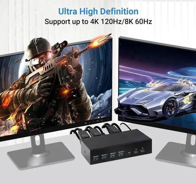 Alt view image 8 of 12 - 4K 120Hz HDMI + Displayport KVM Switch 2 PC 2 Monitor, 8K@60Hz DP 1.4 + HDMI 2.1 Dual Monitor USB 3.0 KVM Switch, Support Extended & Copy Mode, with Desktop Controller and 2 HDMI+DP+USB Cables