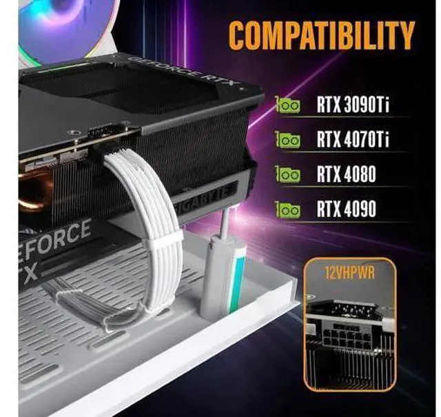 Alt view image 10 of 12 - Aomoproing GPU Power Sleeved Cable Extension, 16pin(12+4) 12VHPWR PCIe 5.0 Connector Male to Female for RTX 3090Ti 4070Ti 4080 4090, with Cable Combs-16AWG/White